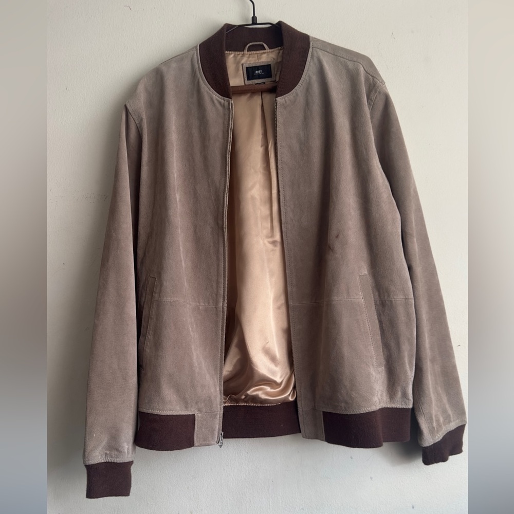 Obey Taupe Suede Bomber Jacket with Brown Trim